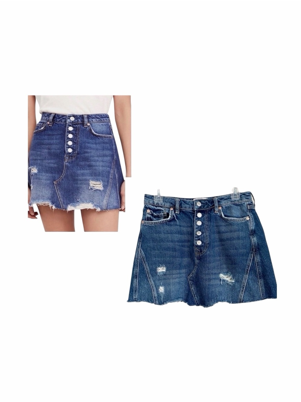Free People Harvey Blue Denim Mini Jean Skirt 29" Cotton Distressed Raw Hem